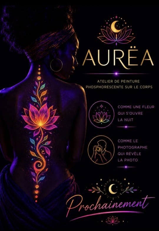 Affiche de l'atelier AURËA, peinture sur le corps à la lumière noire, prochainement
